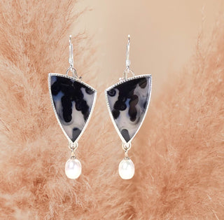 Beautiful black and white design with pearl decor dangle earrings