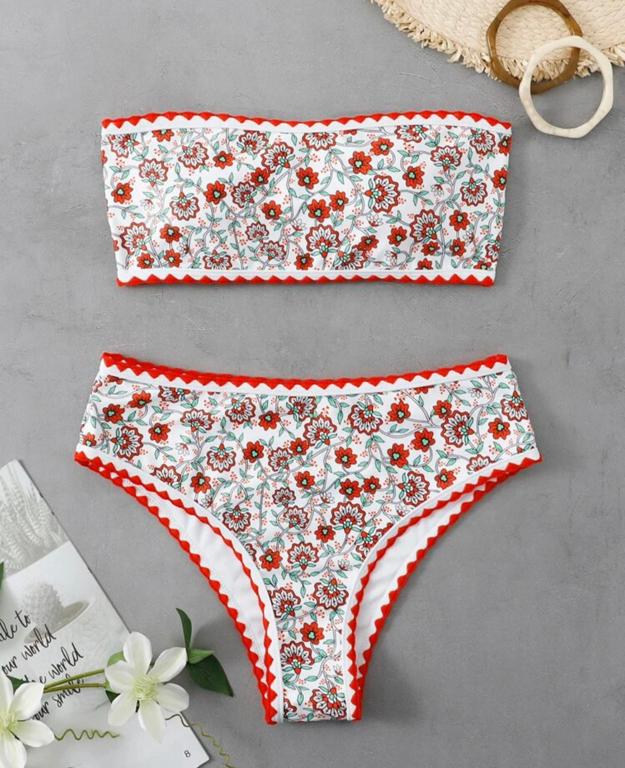 Floral print contrast binding bandeau bikini swimsuit