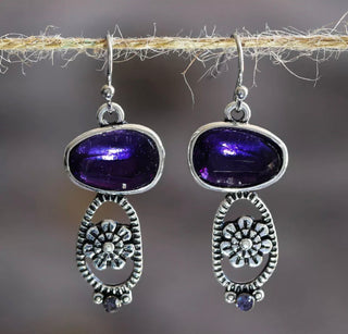 Boho 925 silver plated purple amethyst floral design dangle earrings