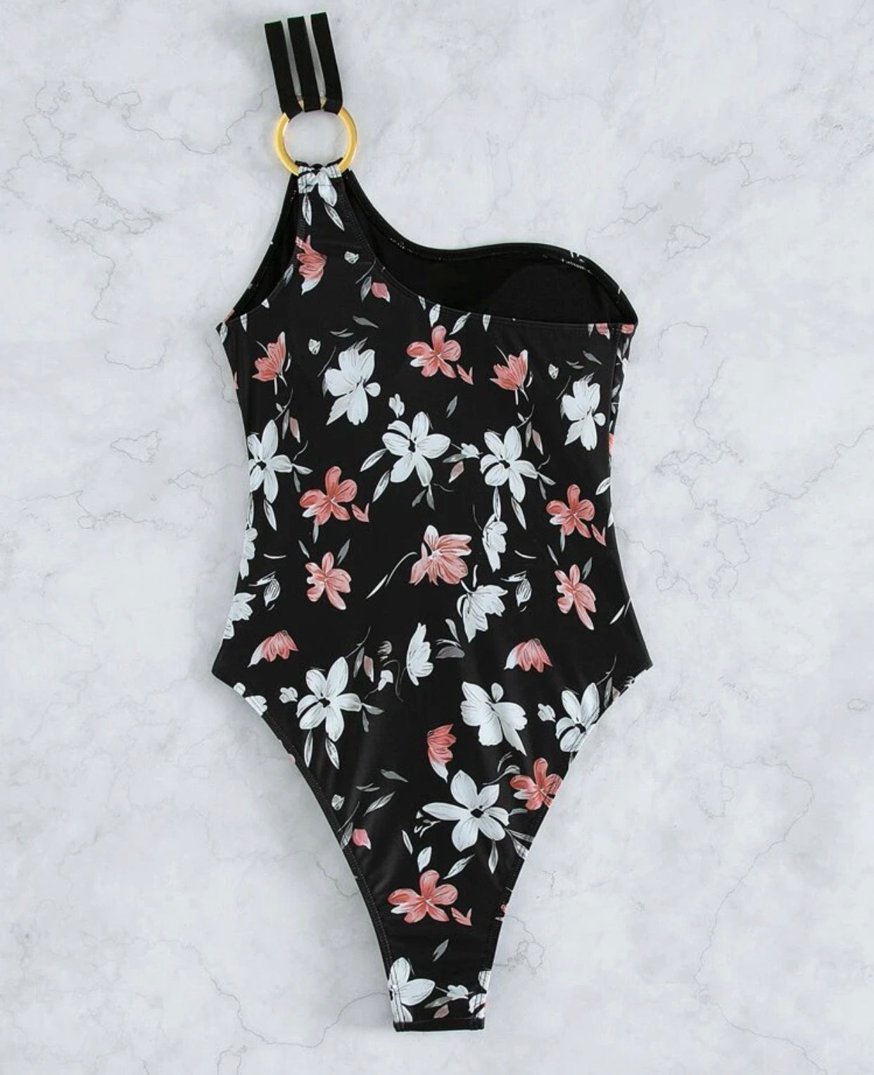 Floral ring linked contrast mesh one piece swimsuit