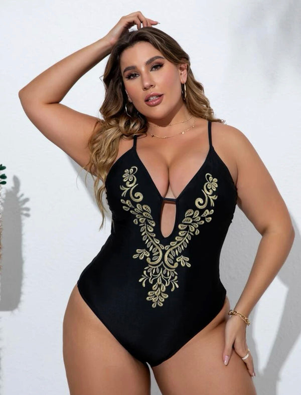 Curve & plus scroll embroidered cut out one piece swimsuit