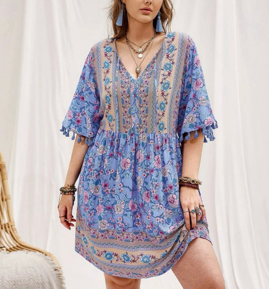 Plus floral print tie front tassel trim dress