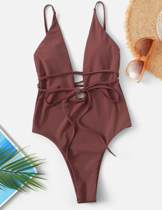 Plunging belted low back one piece swimsuit