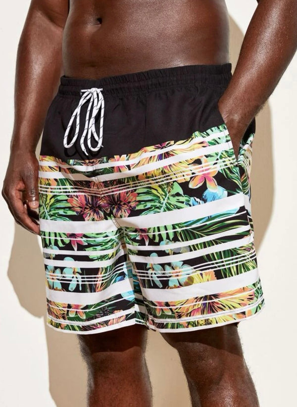Extended sizes men striped and tropical print drawstring waist trunks