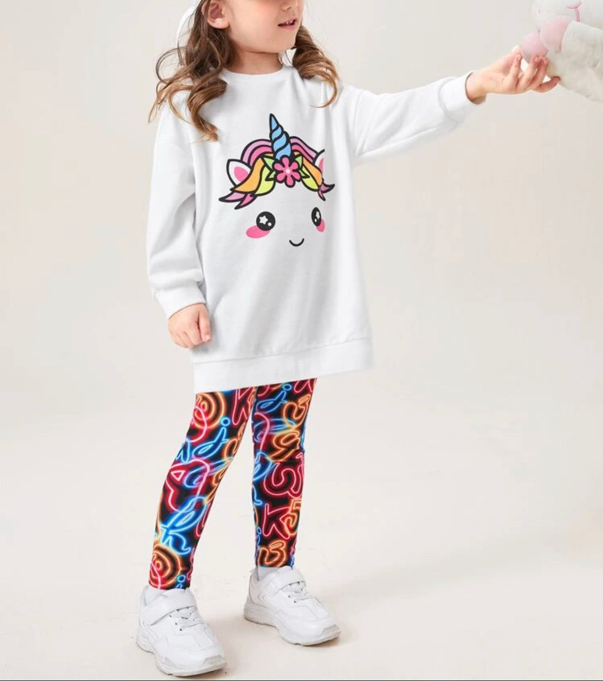 Toddler girls cartoon unicorn print drop shoulder pullover & graphic print leggings
