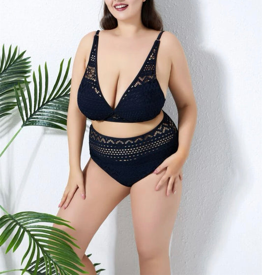 Plus solid hollow out high waisted bikini swimsuit