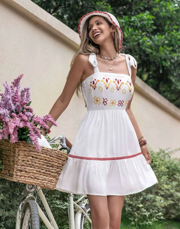 Floral embroidered tie shoulder ruffle hem cami dress