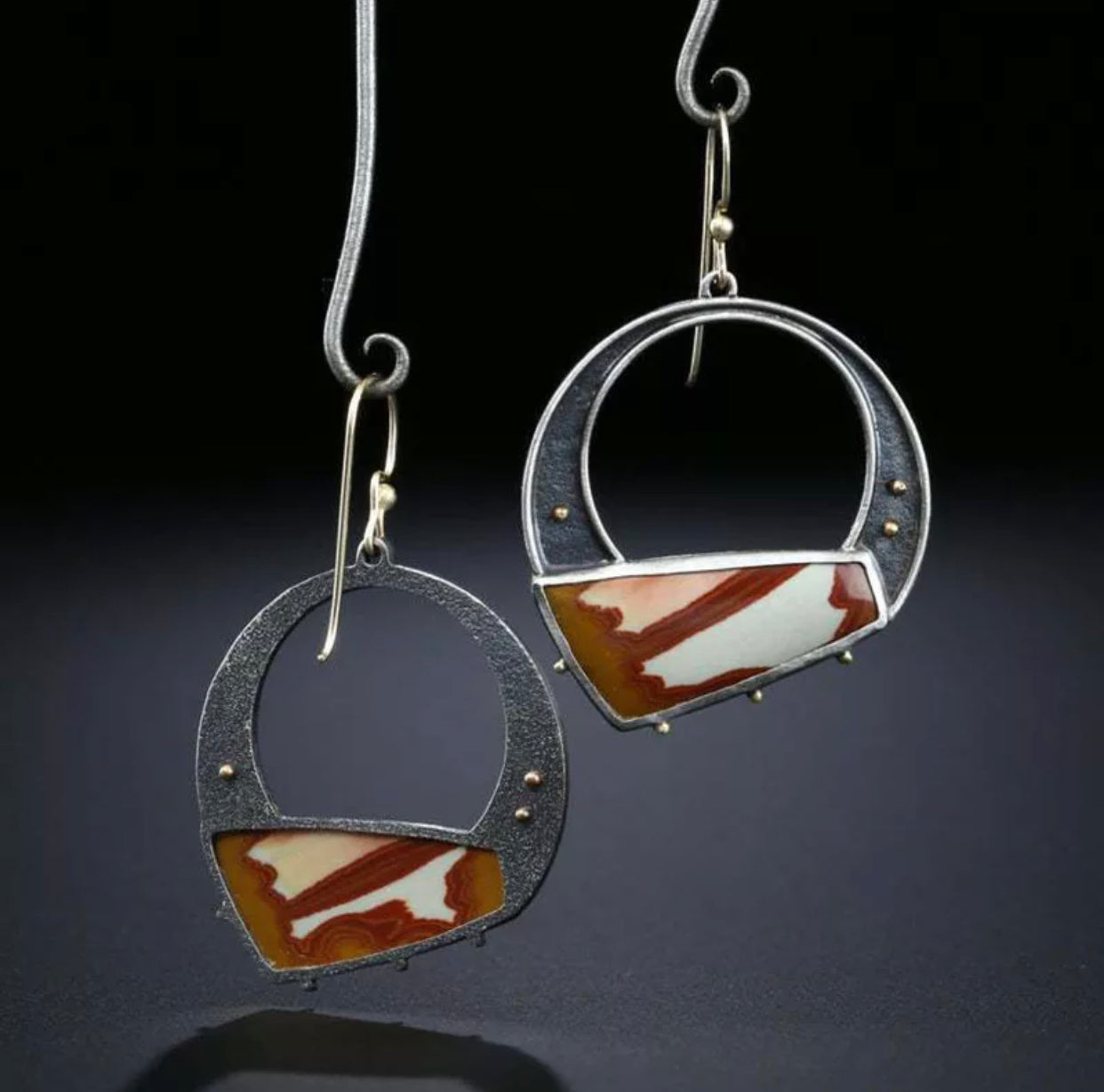 Tribal Geometric Colorful Painting Stone Earrings Vintage Jewelry Hollow Black Metal Antique Two Tone Drop Earrings