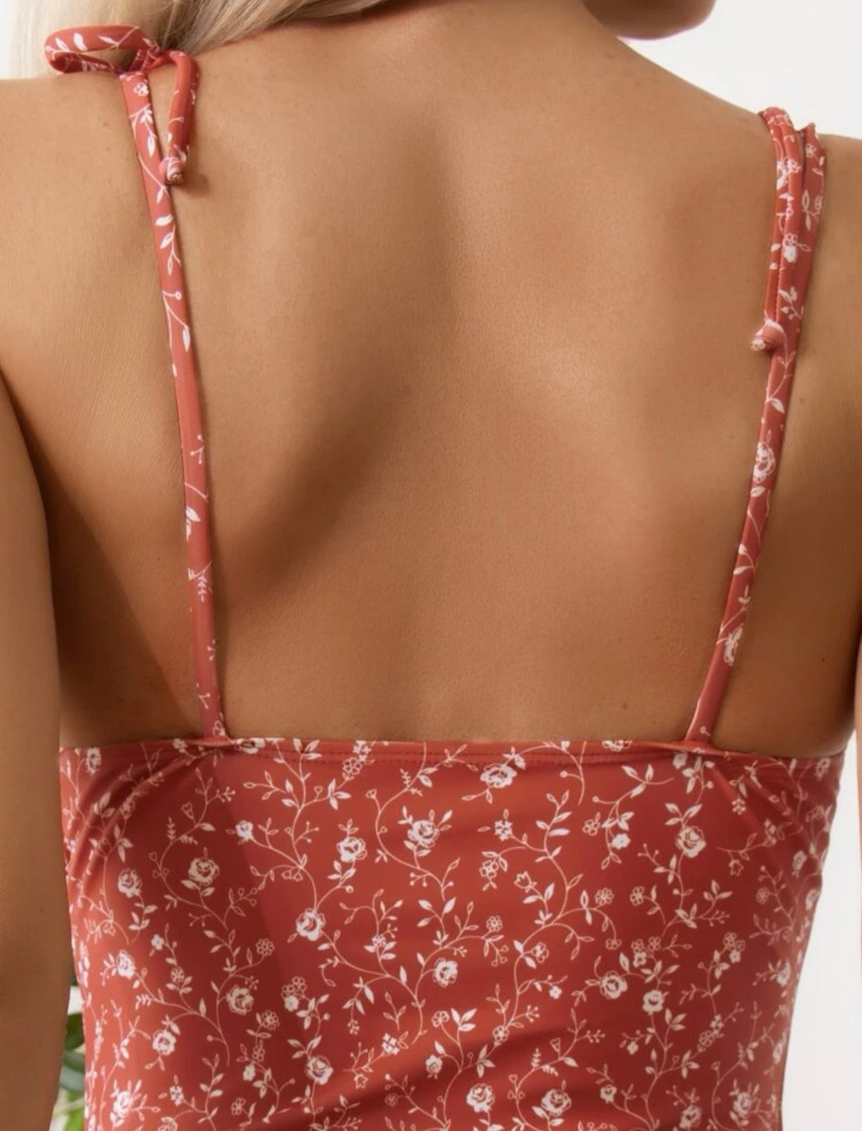 Rusty rose ditsy floral tie shoulder one piece swimsuit