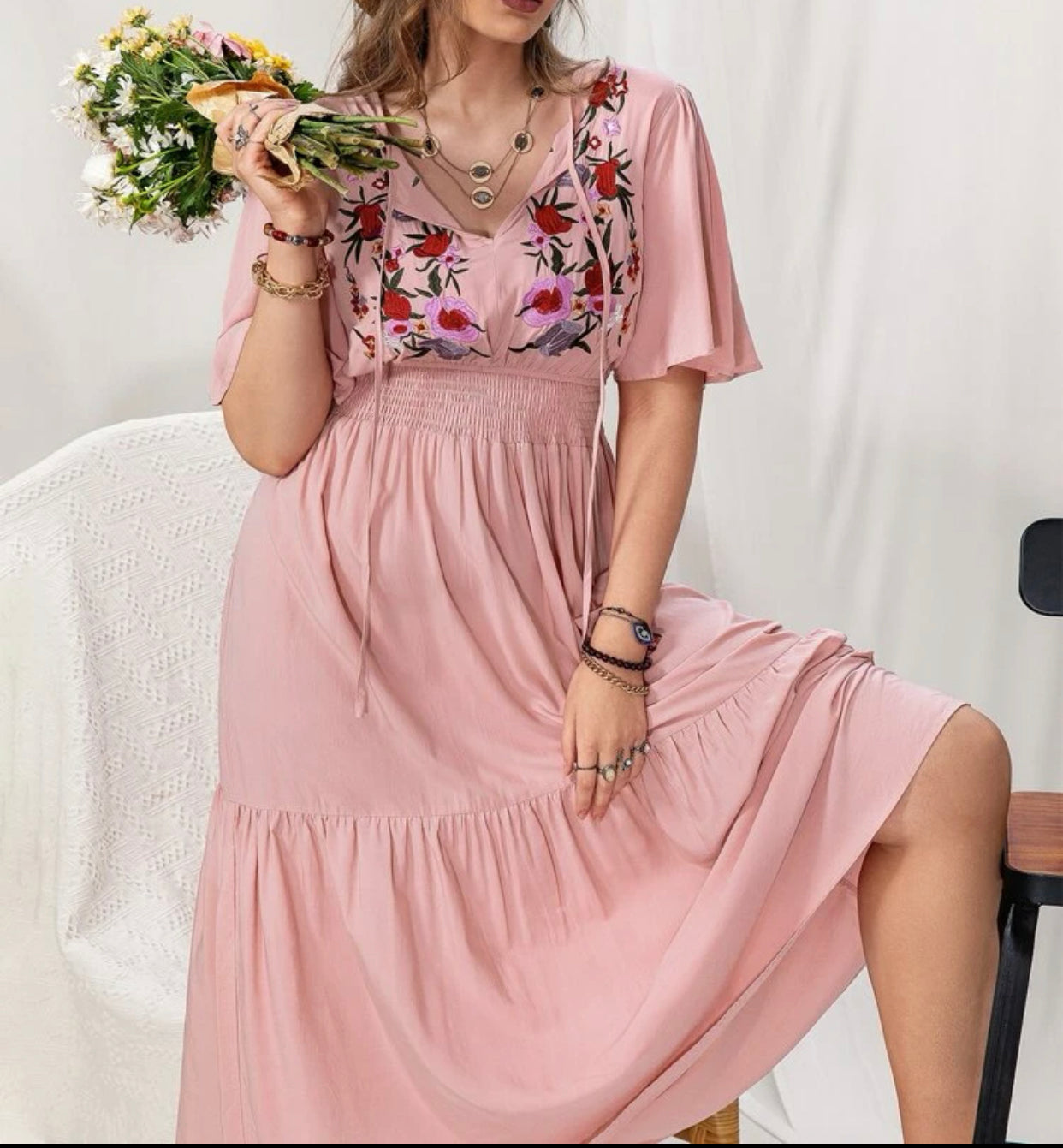 Curve & plus floral embroidered butterfly sleeve shirred waist dress