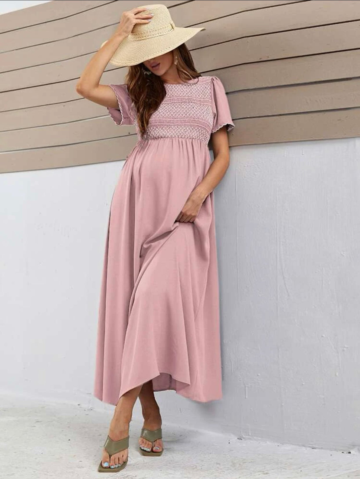 Maternity keyhole back wavy sleeve edge dress