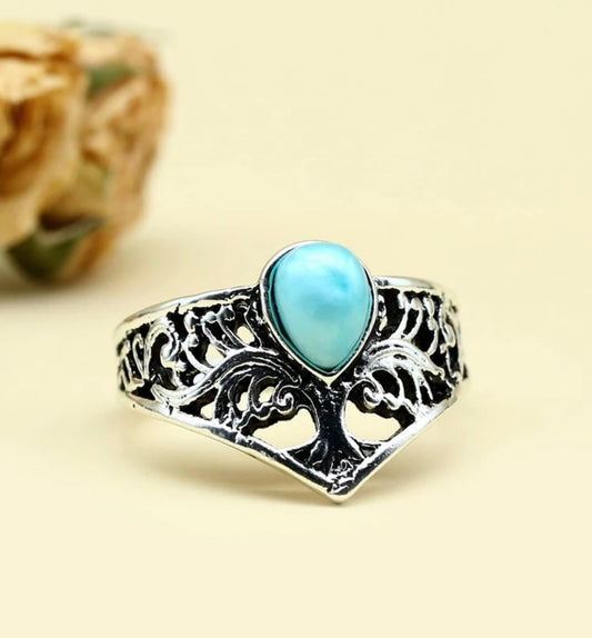 Tree design hollow out Larimar inspired ring. Size 8.