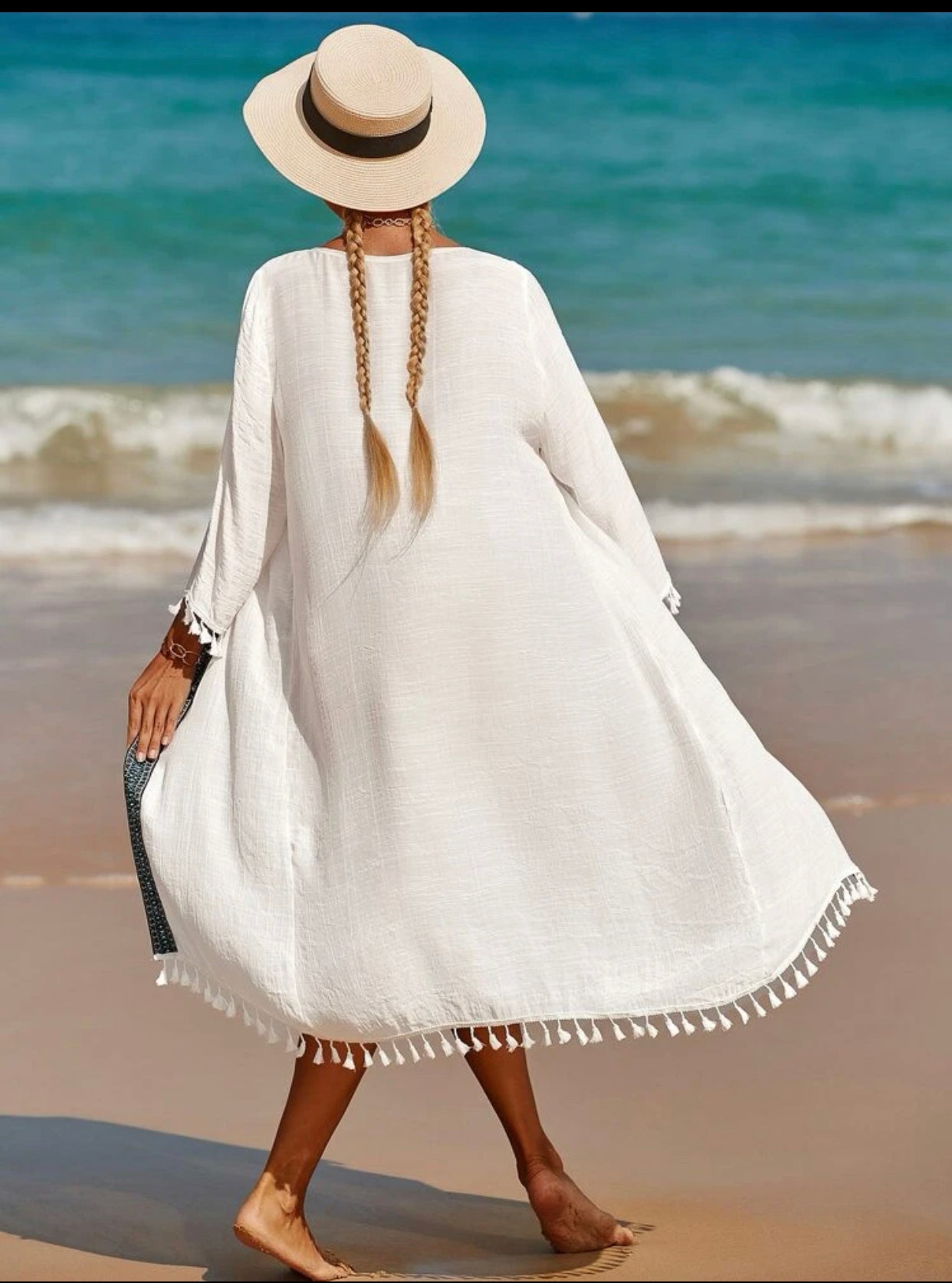 Tassel decor stitch detail open front kimono