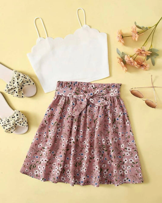 Teen girls scallop trim cami top & floral skirt set