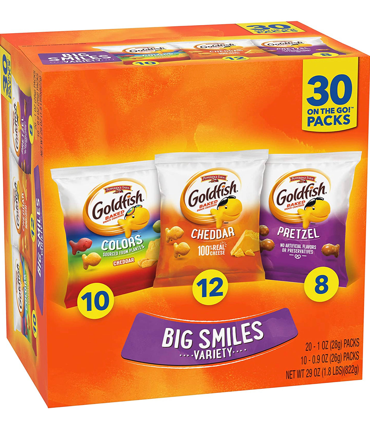 Goldfish Crackers Big Smiles with Cheddar, Colors, and Pretzel Crackers, Snack Packs, 30 CT Variety Pack Box