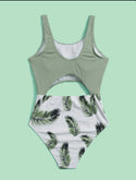 Teen Girls Plant Print Cut Out One Piece Swimsuit