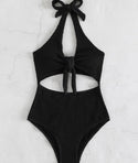 Textured cut-out halter one piece swimsuit