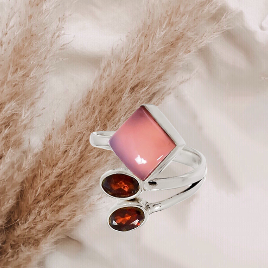 Rose Quartz & Garnet 925 Sterling Silver Ring. Size 6.5