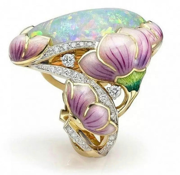 Delicate Fashion Gold Filling Floral Ring Lavender Fuchsia Lotus Enamel Oval Cut Fire Stone Statement ring. Size 8.
