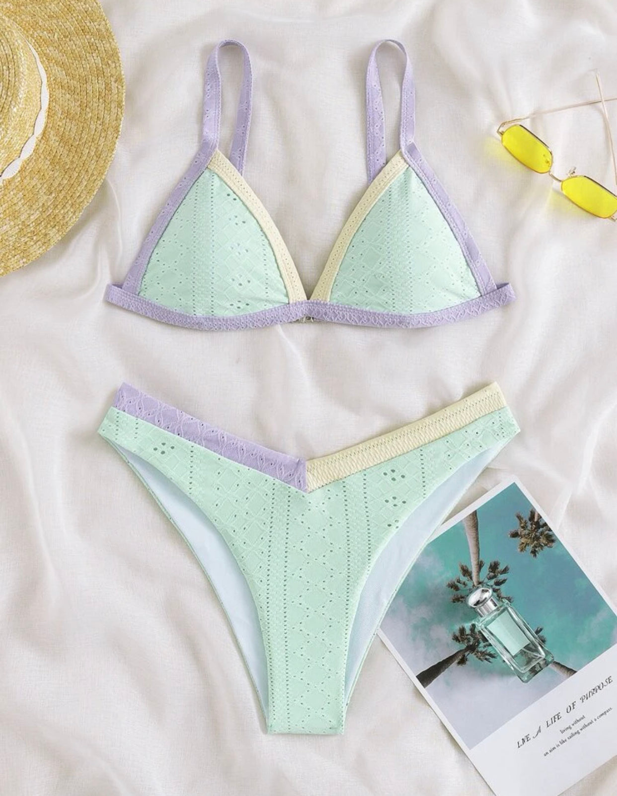 Colorblock eyelet embroidered micro triangle bikini swimsuit