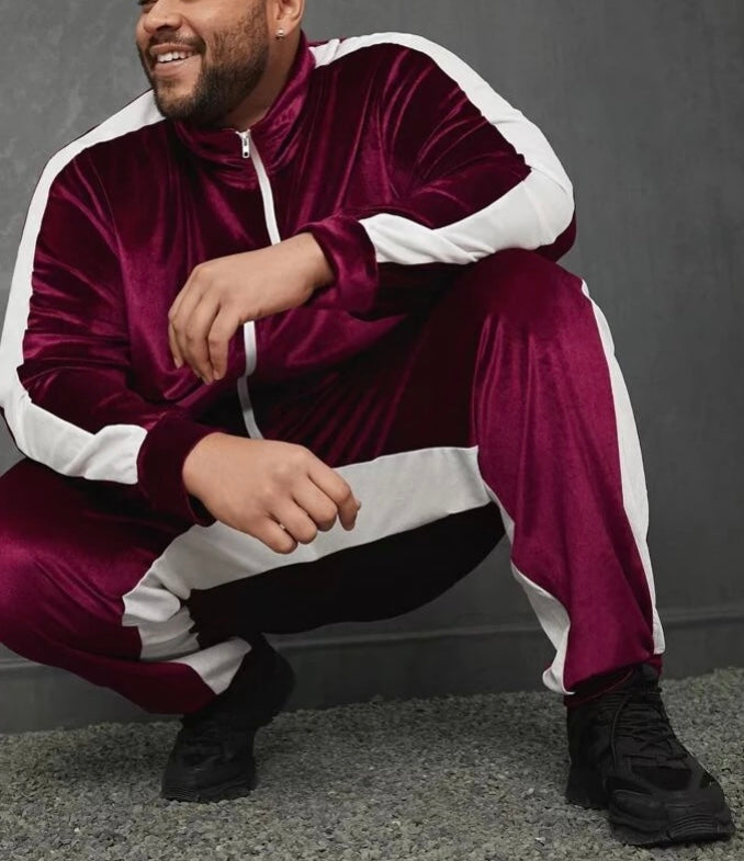 Extended Sizes Men Side Striped Zip Up Velvet Sweatshirt $ Pants