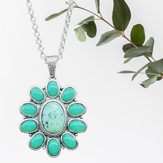 Retro Oval Metal Inlaid Green Stone Pendant