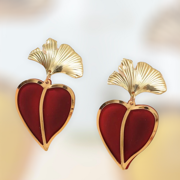 Deep red heart decor drop earrings