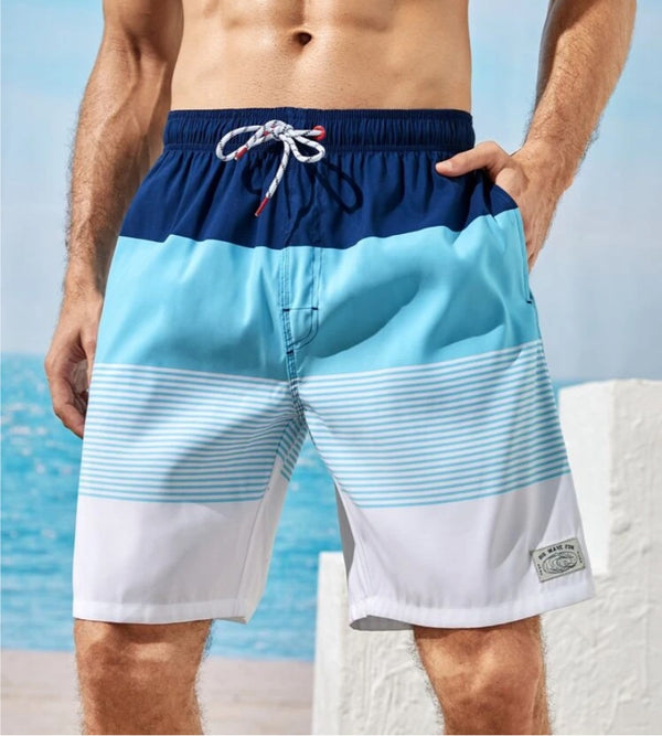 Men’s Colorblock Striped Print Drawstring Waist Swim Trunks - Christina’s unique boutique LLC