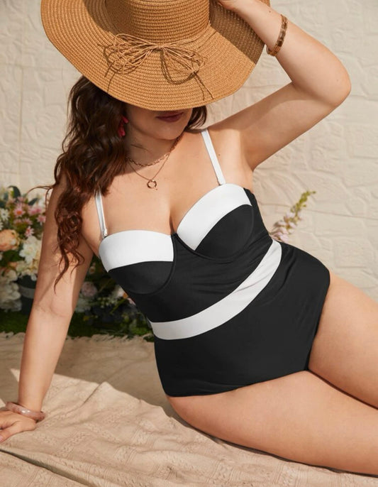 Women’s curve and plus color block push up one piece swimsuit