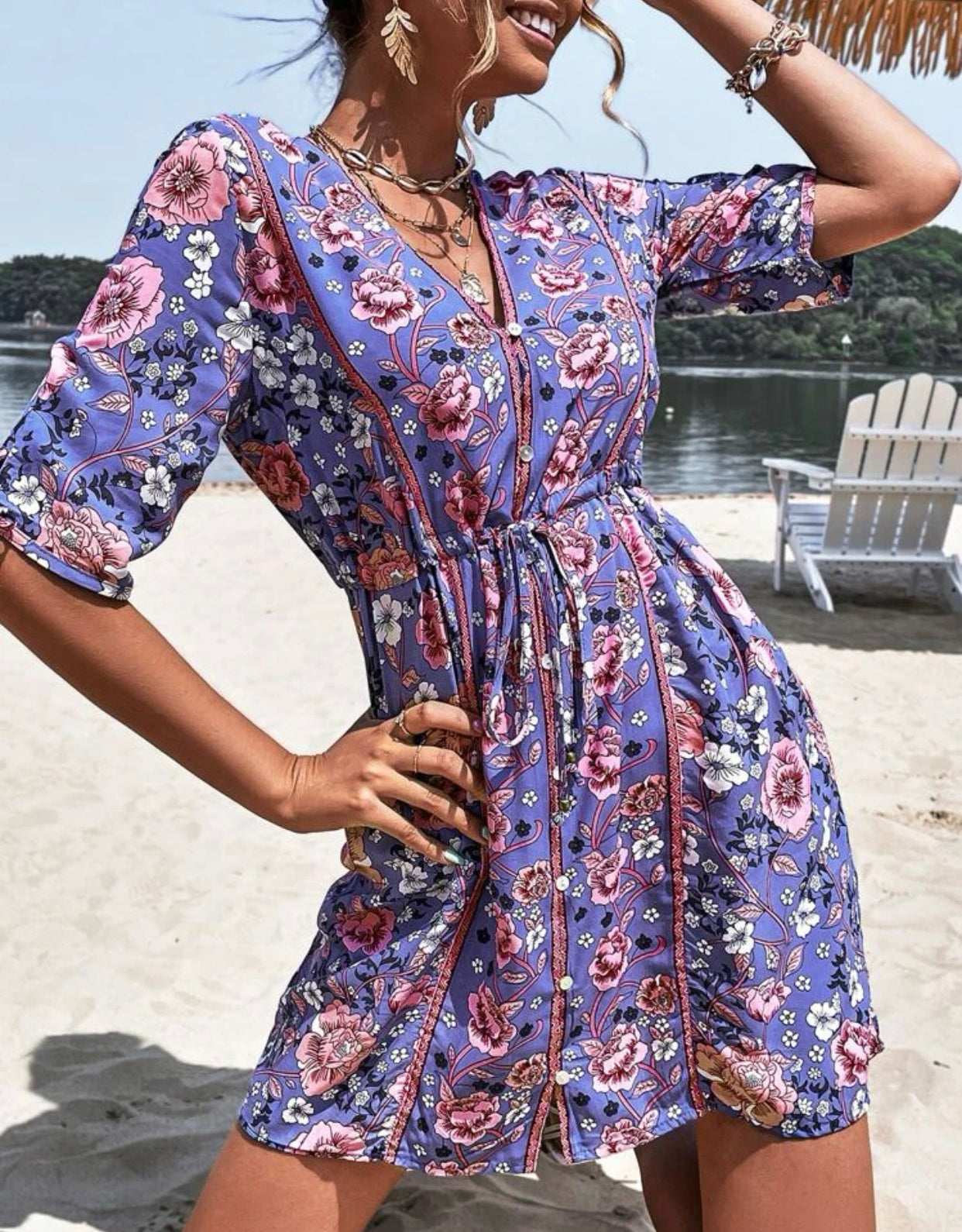 Floral print knot cuff drawstring waist A-line dress