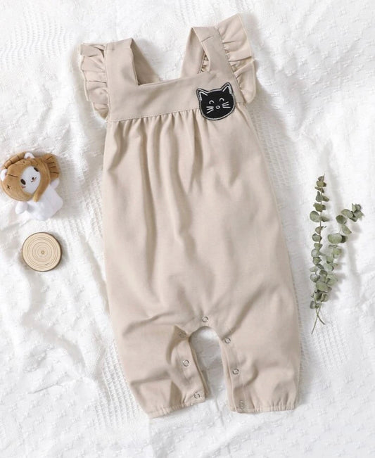 Khaki colored baby girl cartoon patched ruffle trim jumpsuit - Christina’s unique boutique LLC