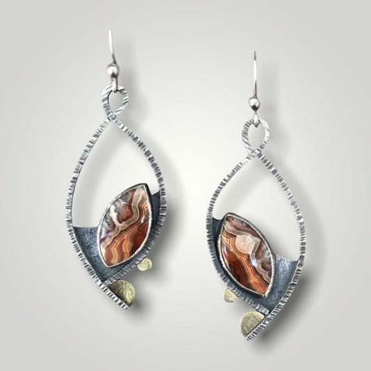 Unique two tone orange/red stone decor dangle earrings