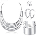 Bib Choker Necklace for Women Wide Cuff Bangle Bracelet Open Hoop Earrings Adjustable Ring Chunky Statement Costume Jewelry Set