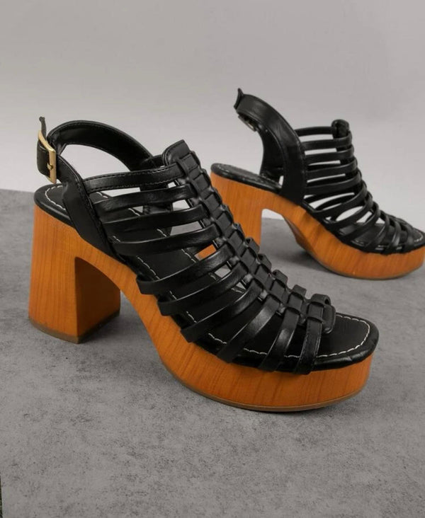 Vegan leather caged wooden platform block heels