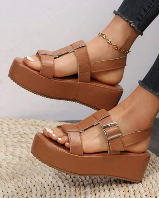 Brown buckle decor sandals, elegant brown sling back wedge sandals