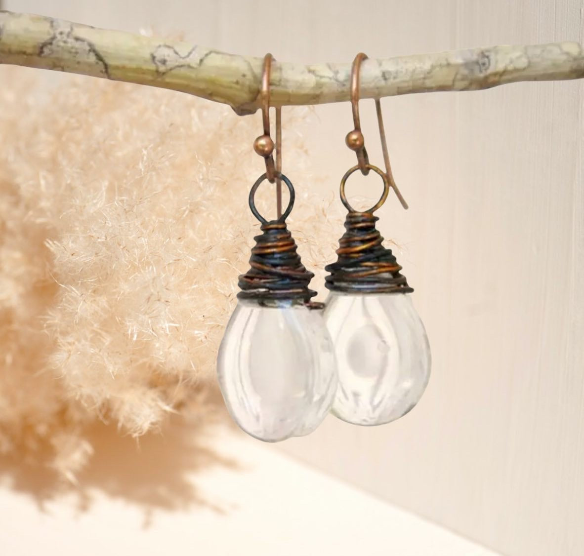 Clear Glass Dangle Oxidized Copper Wrapped earrings