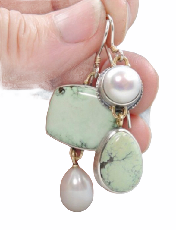 Light green Botswana agate silver Pearl dangle earrings. - Christina’s unique boutique LLC