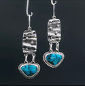 Triangle blue stone Tibetan inspired carved metal dangle earrings