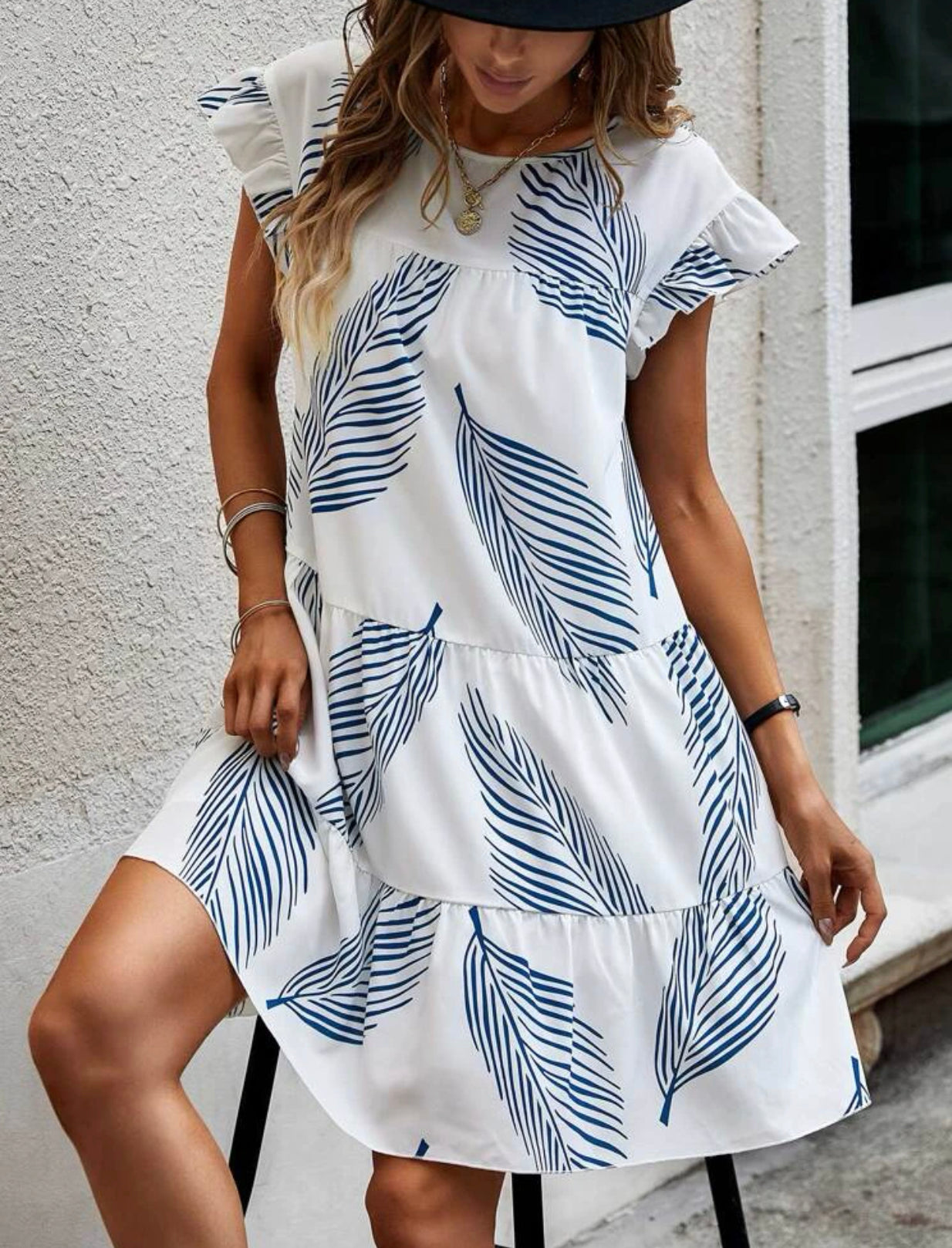 Plant print ruffle flounce sleeve smock dress
