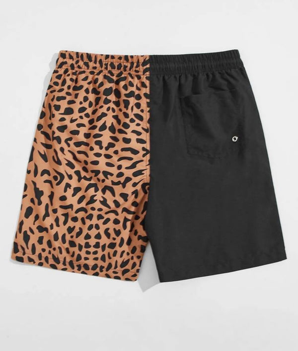 Men’s letter & leopard spliced swim trunks