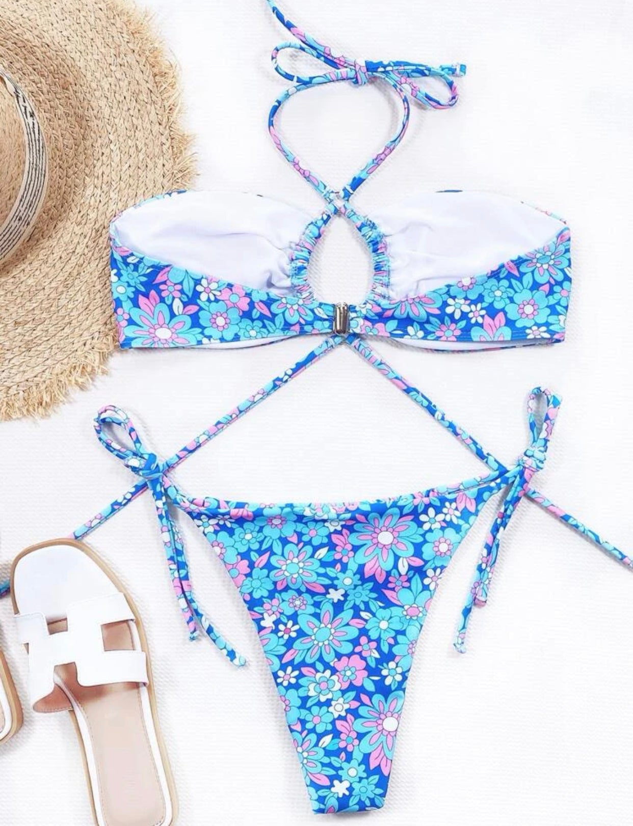 Ditsy floral halter thong bikini swimsuit