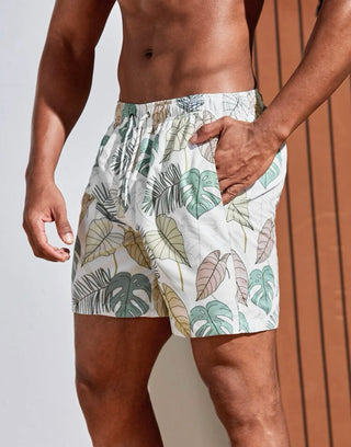 Men’s tropical print drawstring waist swim trunks