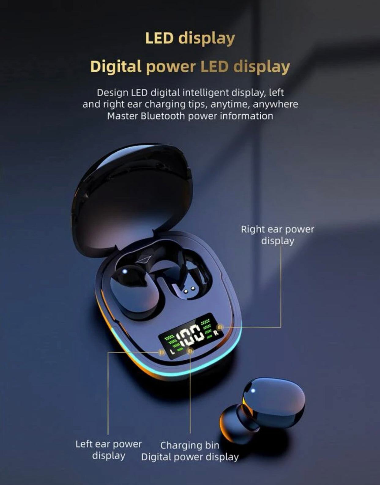 Power display wireless headset compatible with Bluetooth