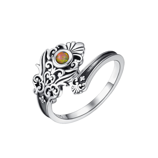 Fire Opal Sterling Silver Opal Spoon Ring - S925 Victorian Vintage Flower spoon ring