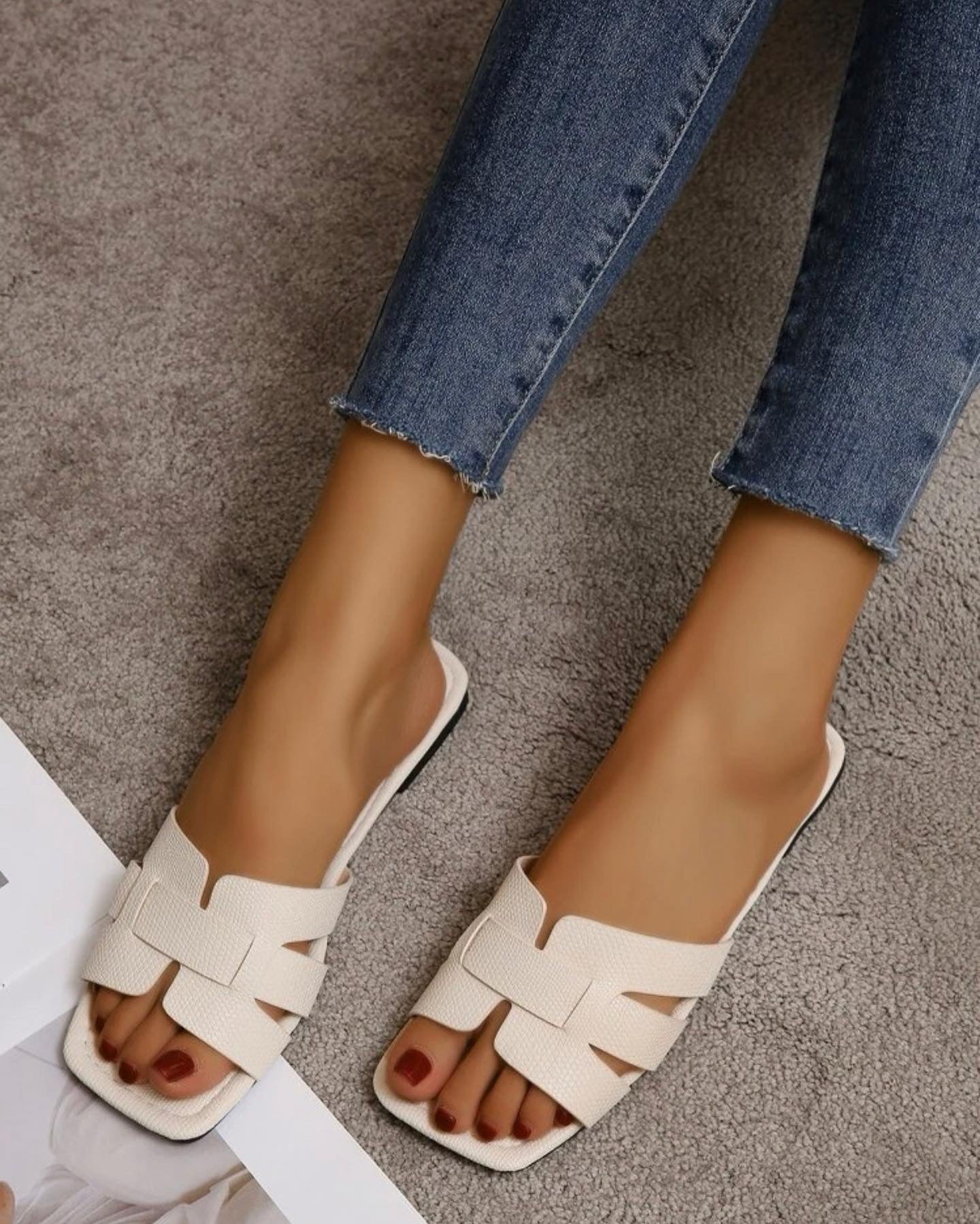 White cut out detail flat slide sandals