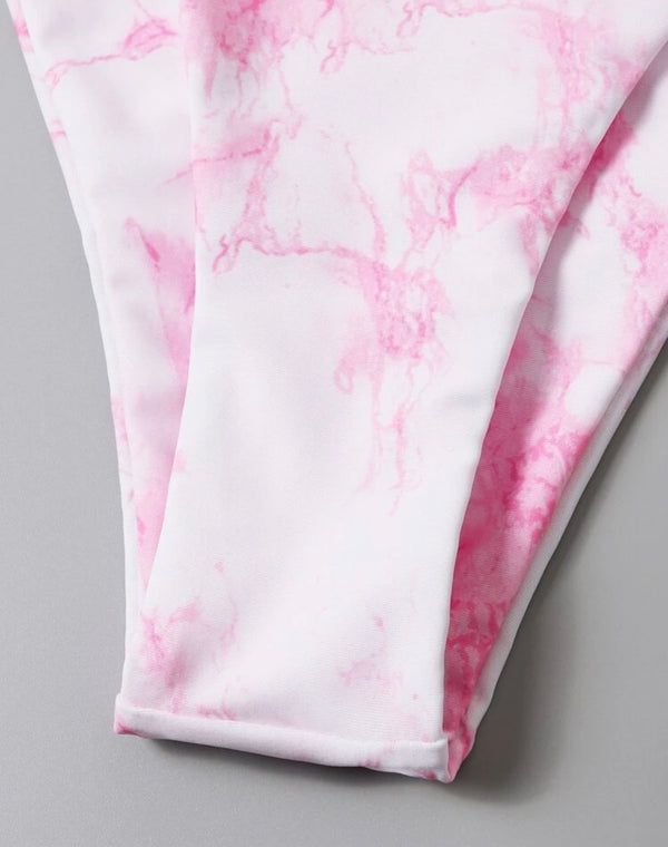 Women’s pink and white tie dye underwire bikini swimsuit with beach skirt
