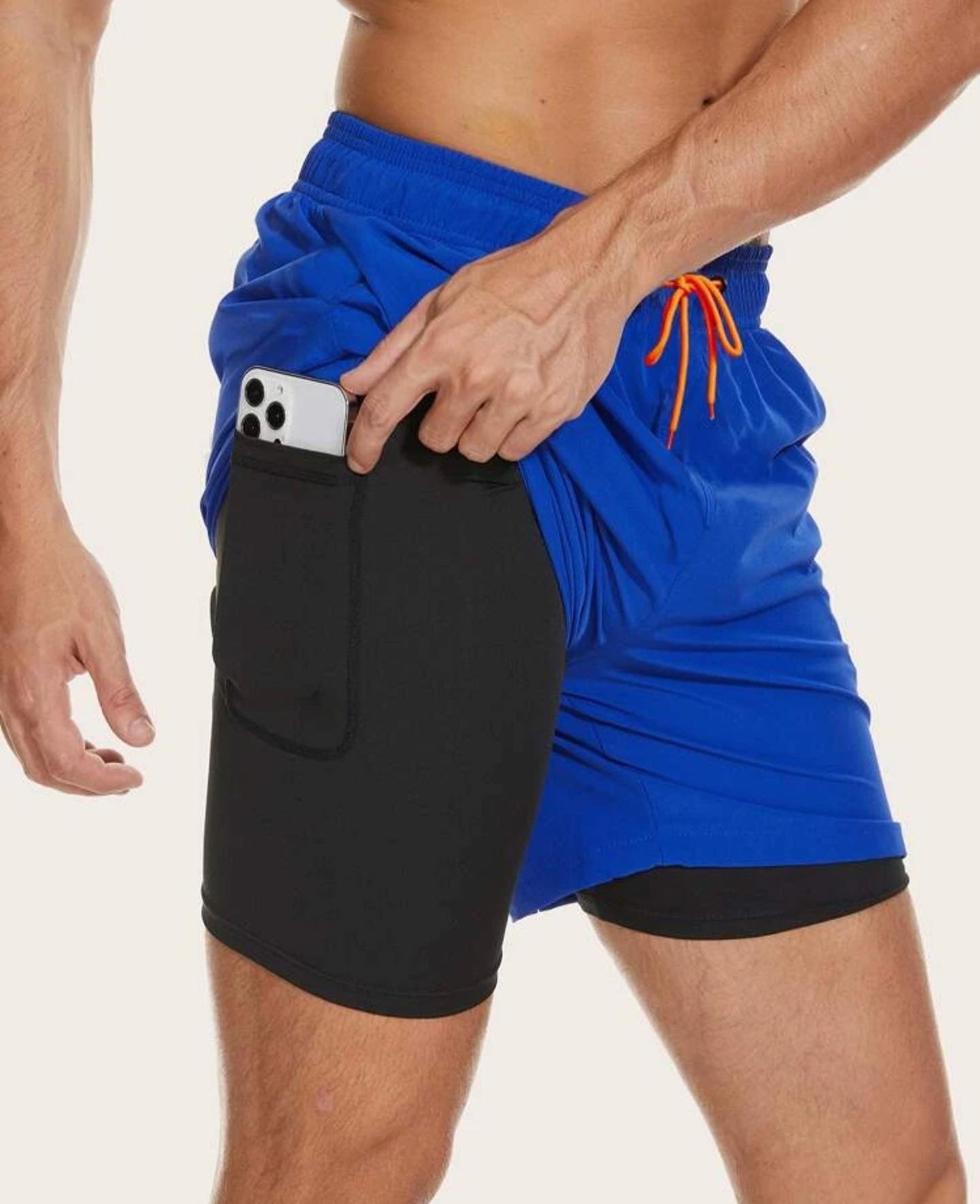 Men’s royal blue drawstring waist phone pocket swim trunks