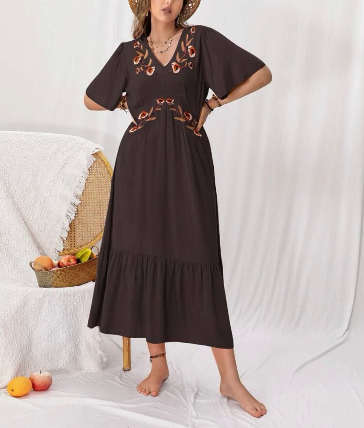 Curve & plus embroidered butterfly sleeve ruffle hem dress