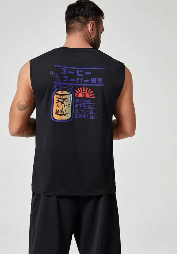 Extended sizes men Japanese character graphic tank top with shorts