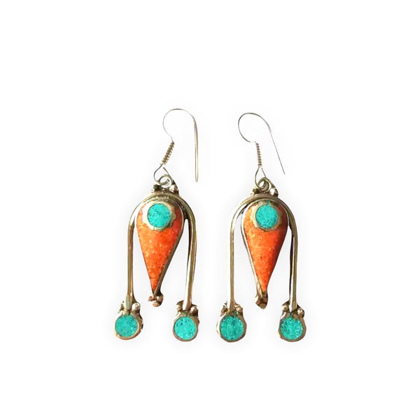 Turquoise and coral abstract decor Tibetan silver design dangle earrings